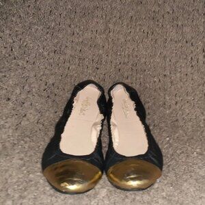LOEFFLER RANDALL-Grier-Black Calfskin Leather w/Gold Cap Toe-Sz 7B-Excellent